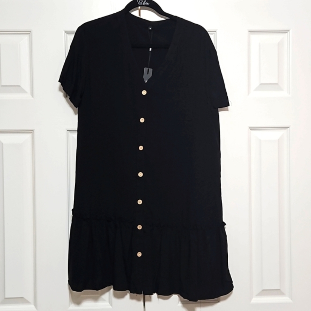 Ouges Black Ruffle Peplum Dress Wooden Buttons Short Sleeve Medium Women's NEW